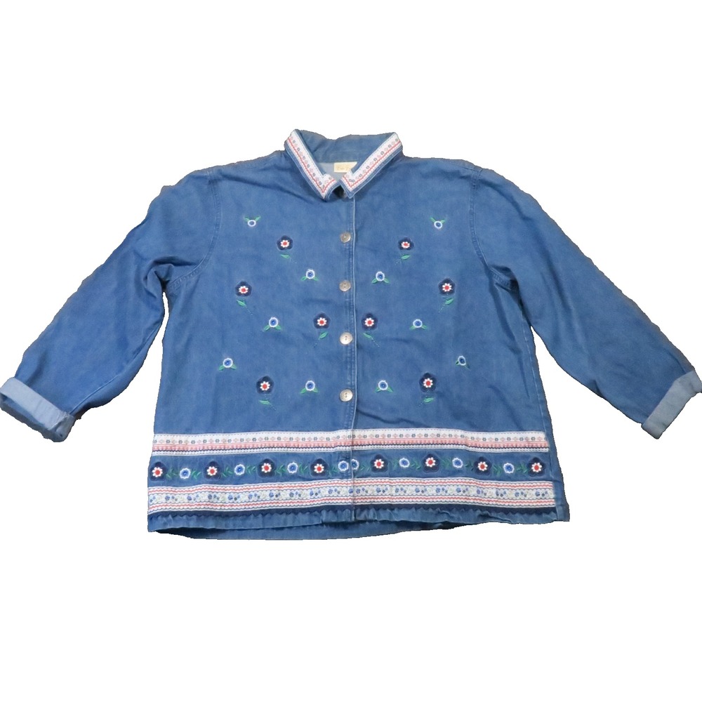 Bobbie‎ Brooks Denim Shirt XL Blue Floral Embroidered Teacher Cottagecore Boho